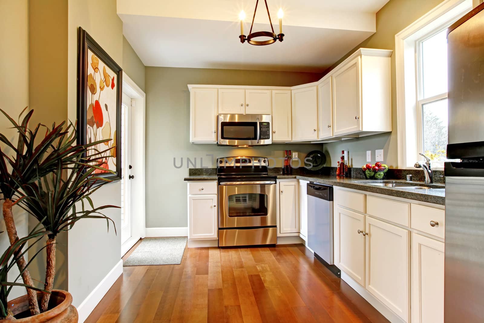 Beautiful white kitchen with cherry floor.