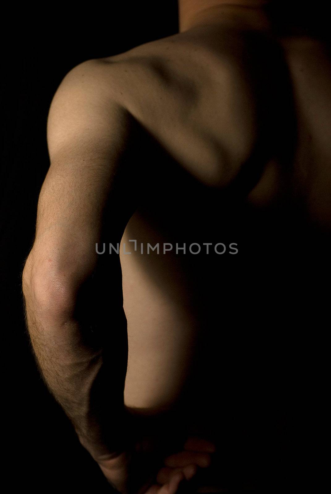 sexy fit naked male body on black background low key