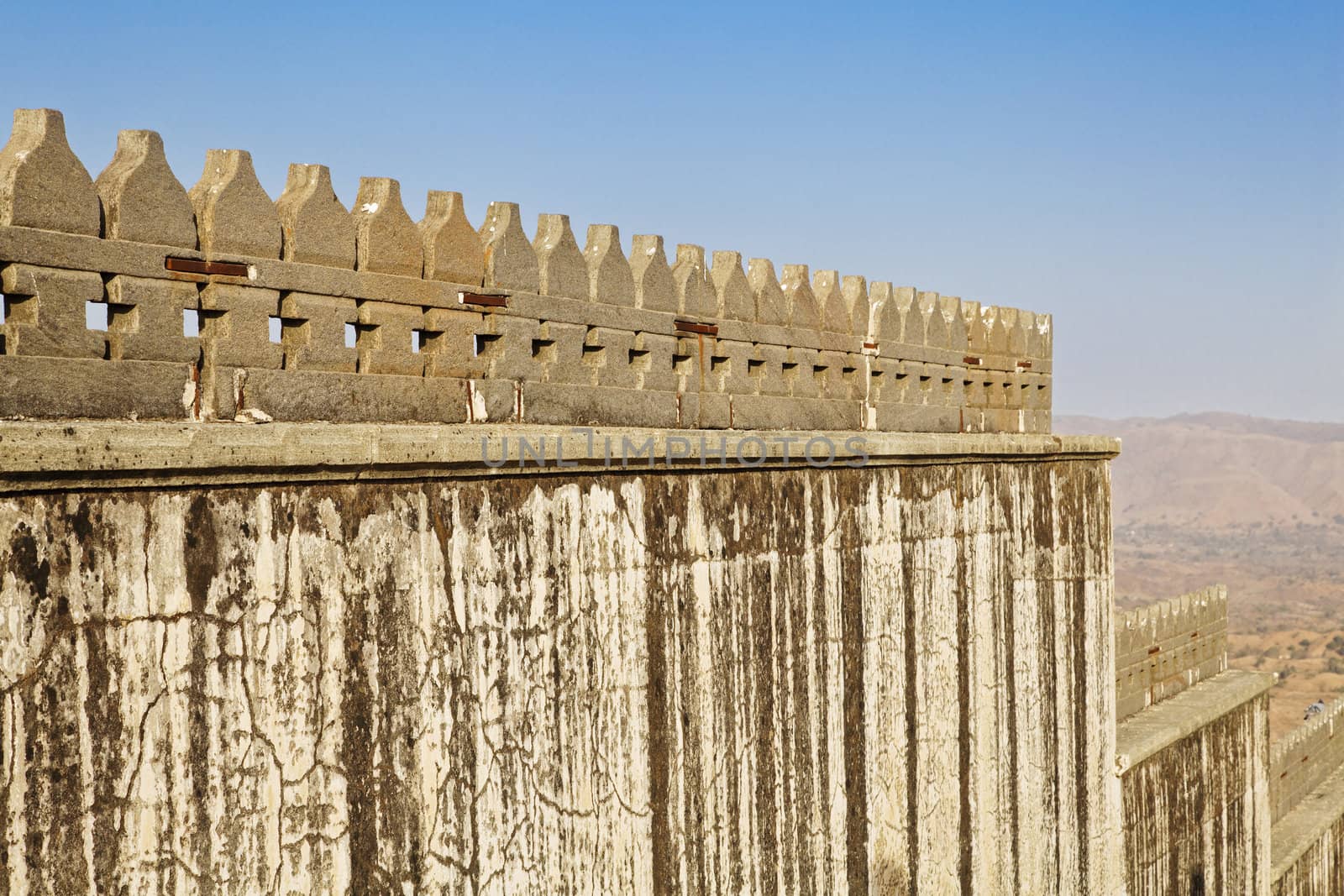 Landscape of the high wall defences at Kumbhalghar Fort, Rajasthan, India