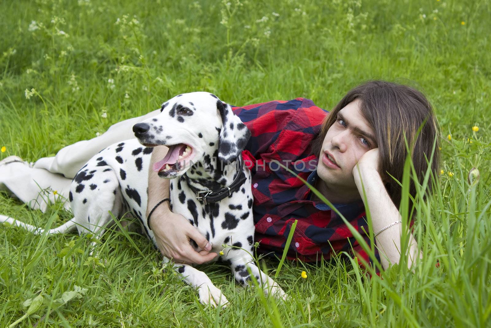 boy and the dalmatian dog on the grass