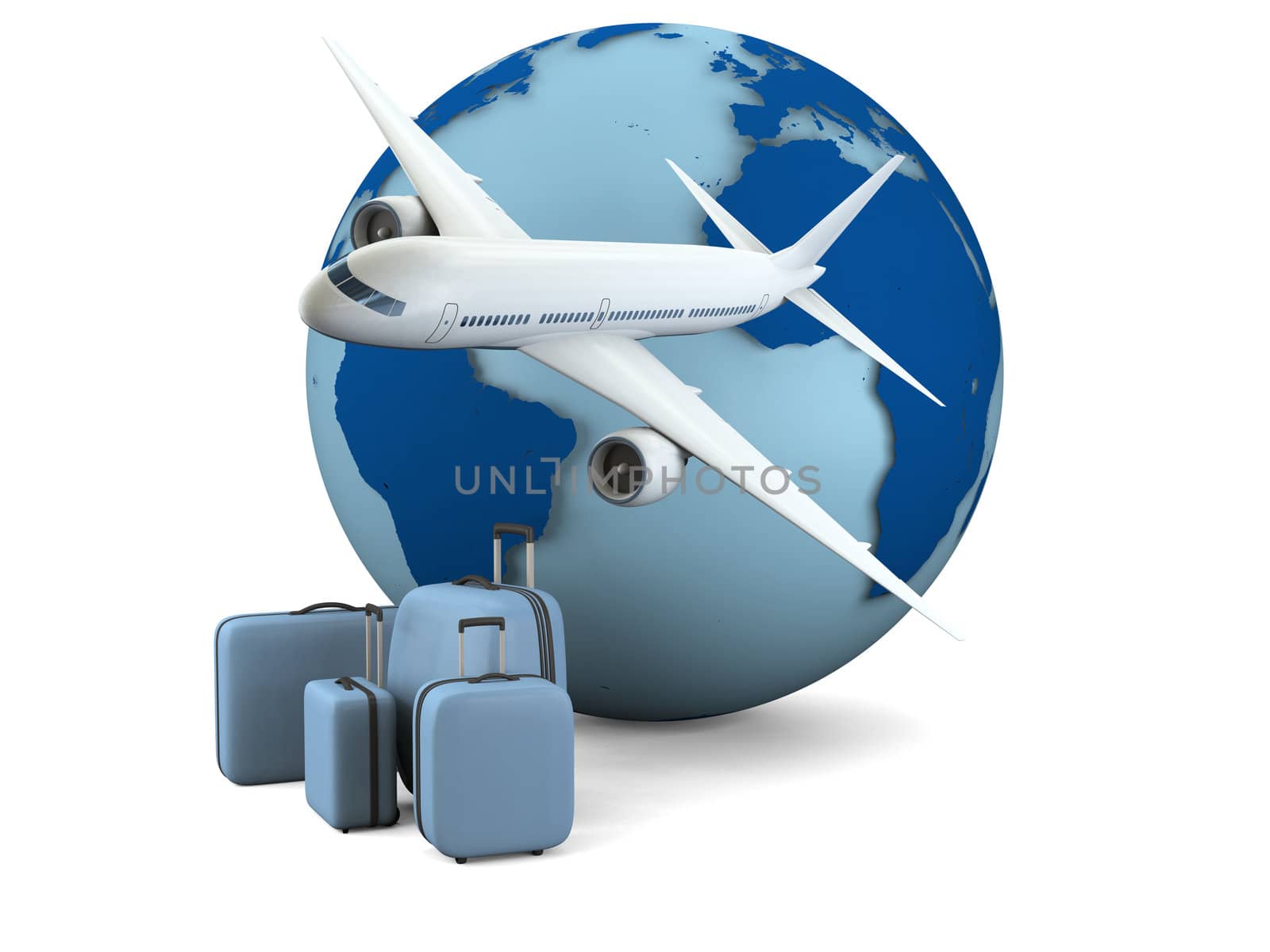 Concept of air travel with model of Earth, airplane and luggage isolated on white background. Map of Earth provided by visibleearth.nasa.gov