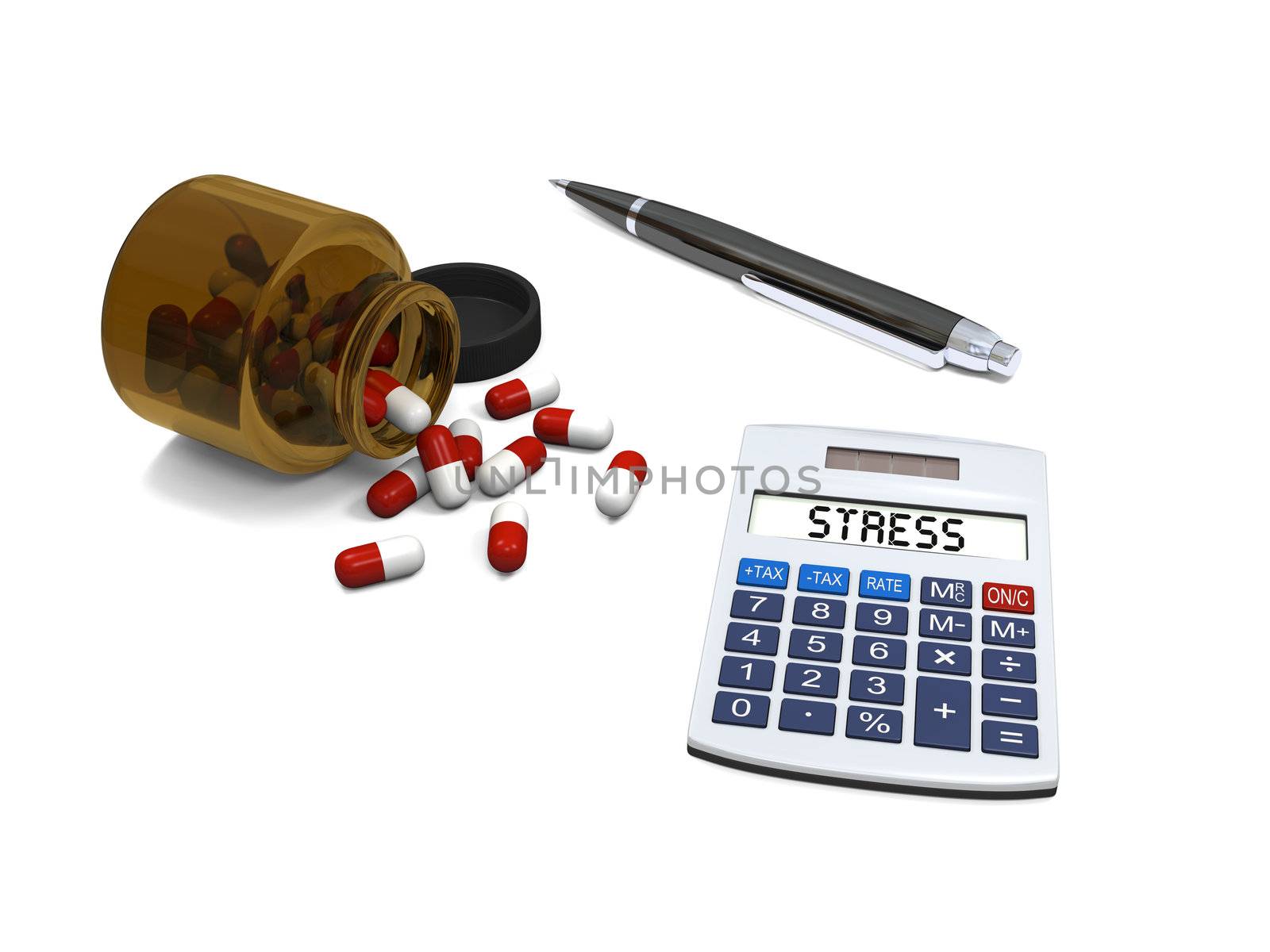 Anti-stress pills in opened pill bottle with calculator and pen isolated on white background