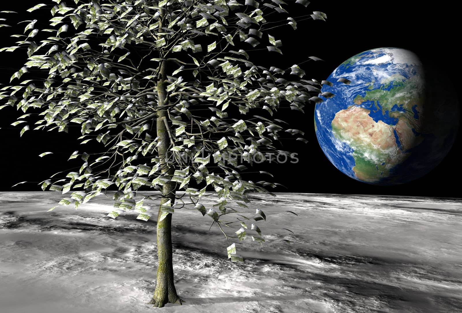 money tree on the moon surface with € 100 bills instead of leaves and the planet earth on the background