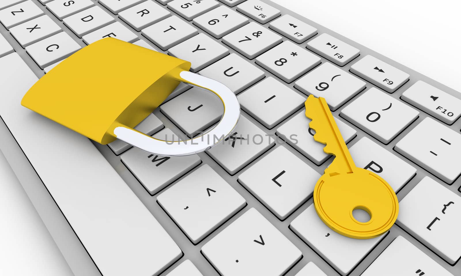3D illustration of golden key and lock on keyboard, concept of computer security