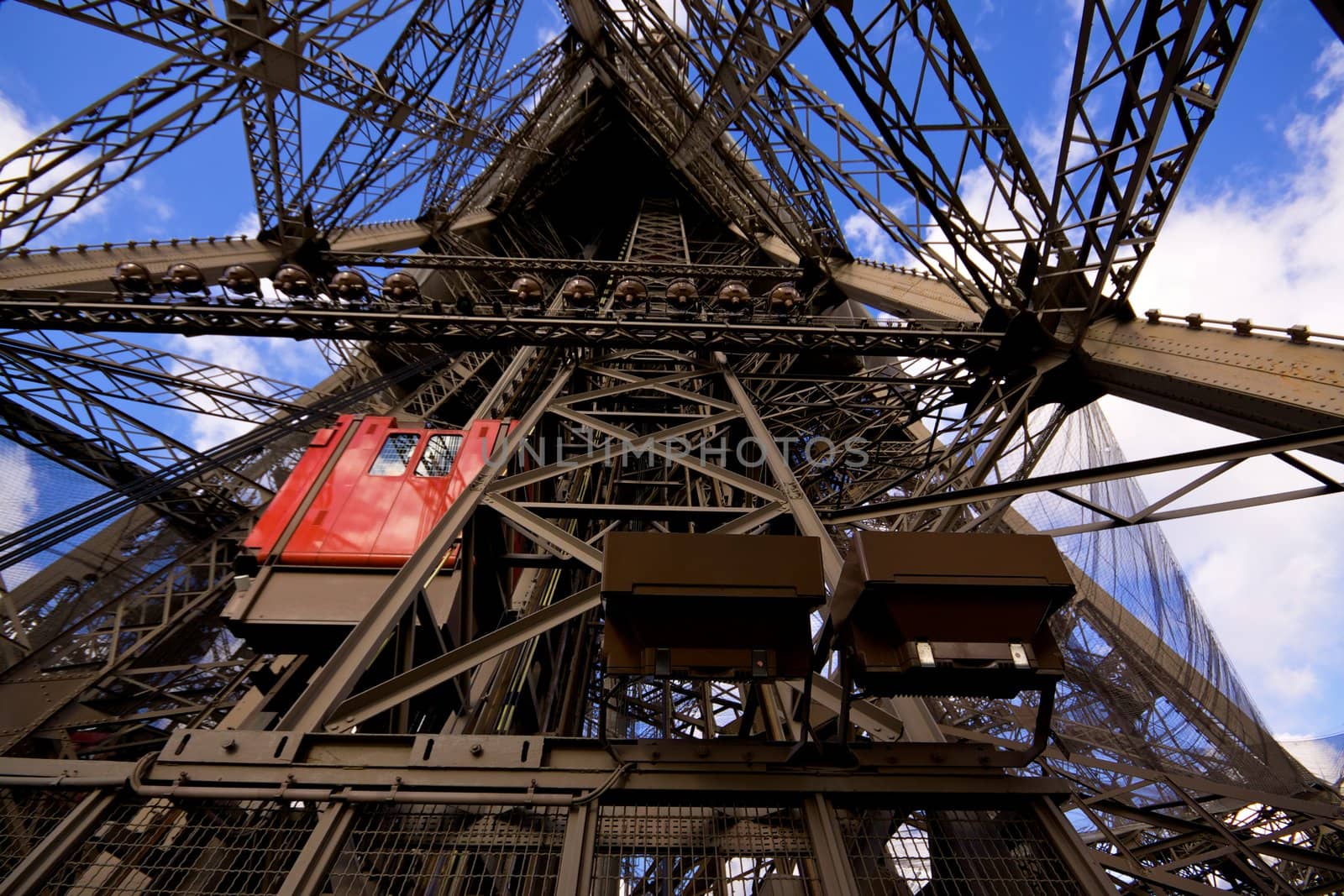 Bottom view of lift on Eiffel Tower