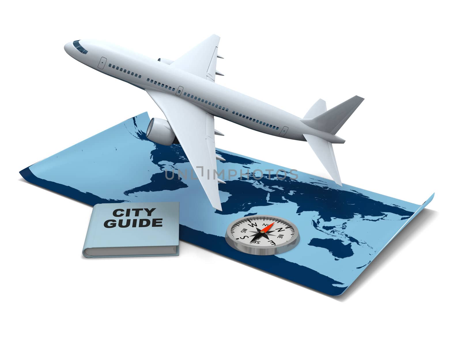 Concept of air travel with world map, aircraft, compass and city guide book. Elements of this image furnished by NASA