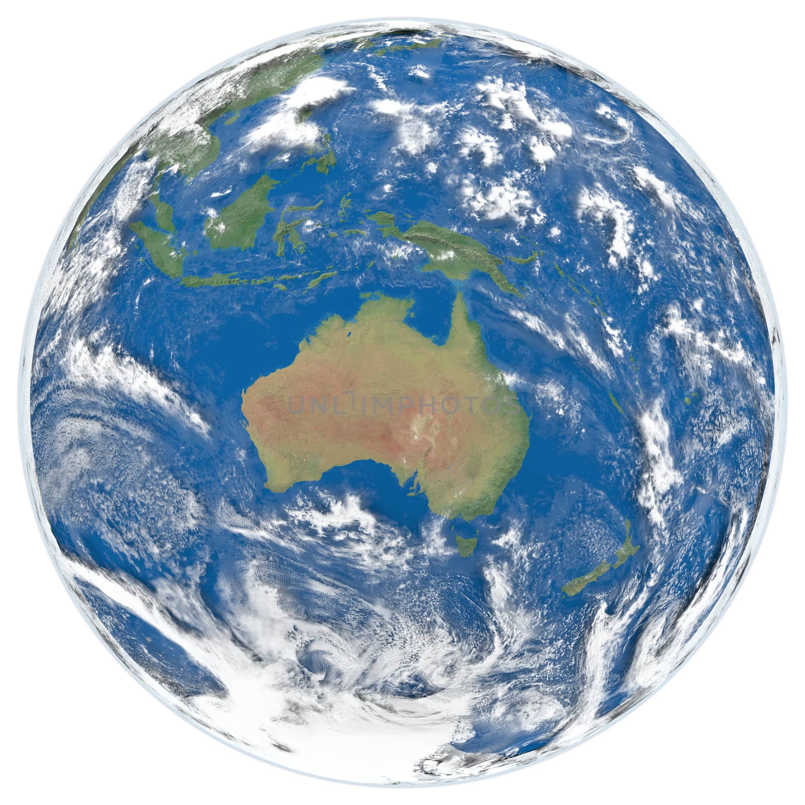 Detailed model of Earth with clouds and atmosphere isolated on white background facing Australia. Elements of this image furnished by NASA