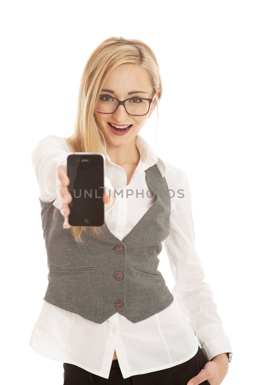 young business woman with mobile phone isolated on white background