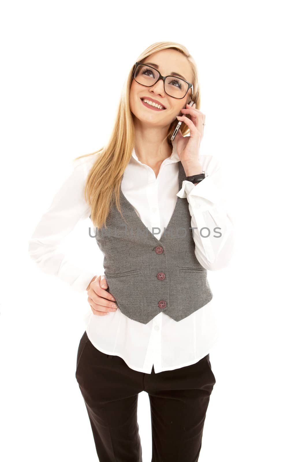 young business woman with mobile phone isolated on white background