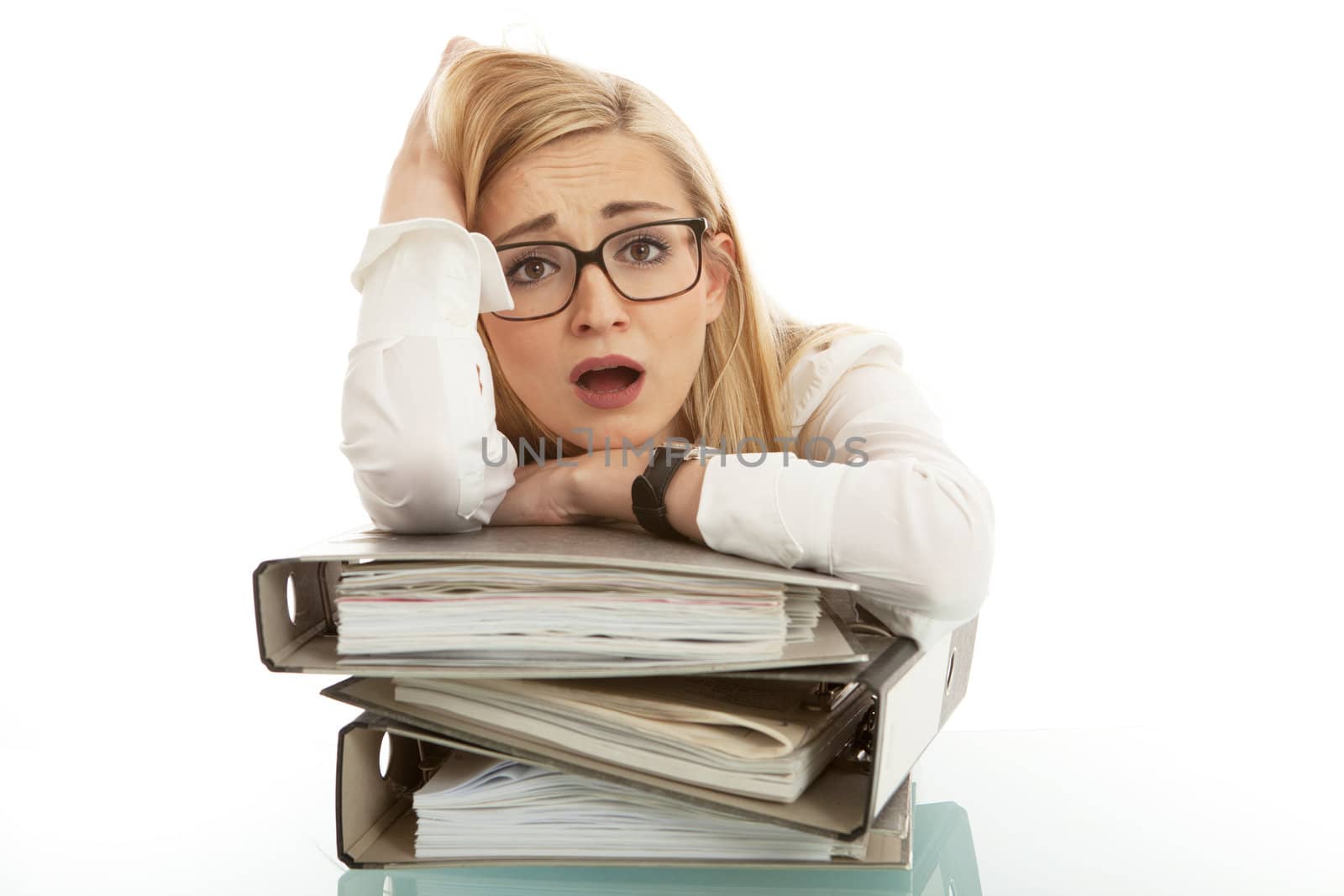 business woman with folder on desk workin isolated on white background