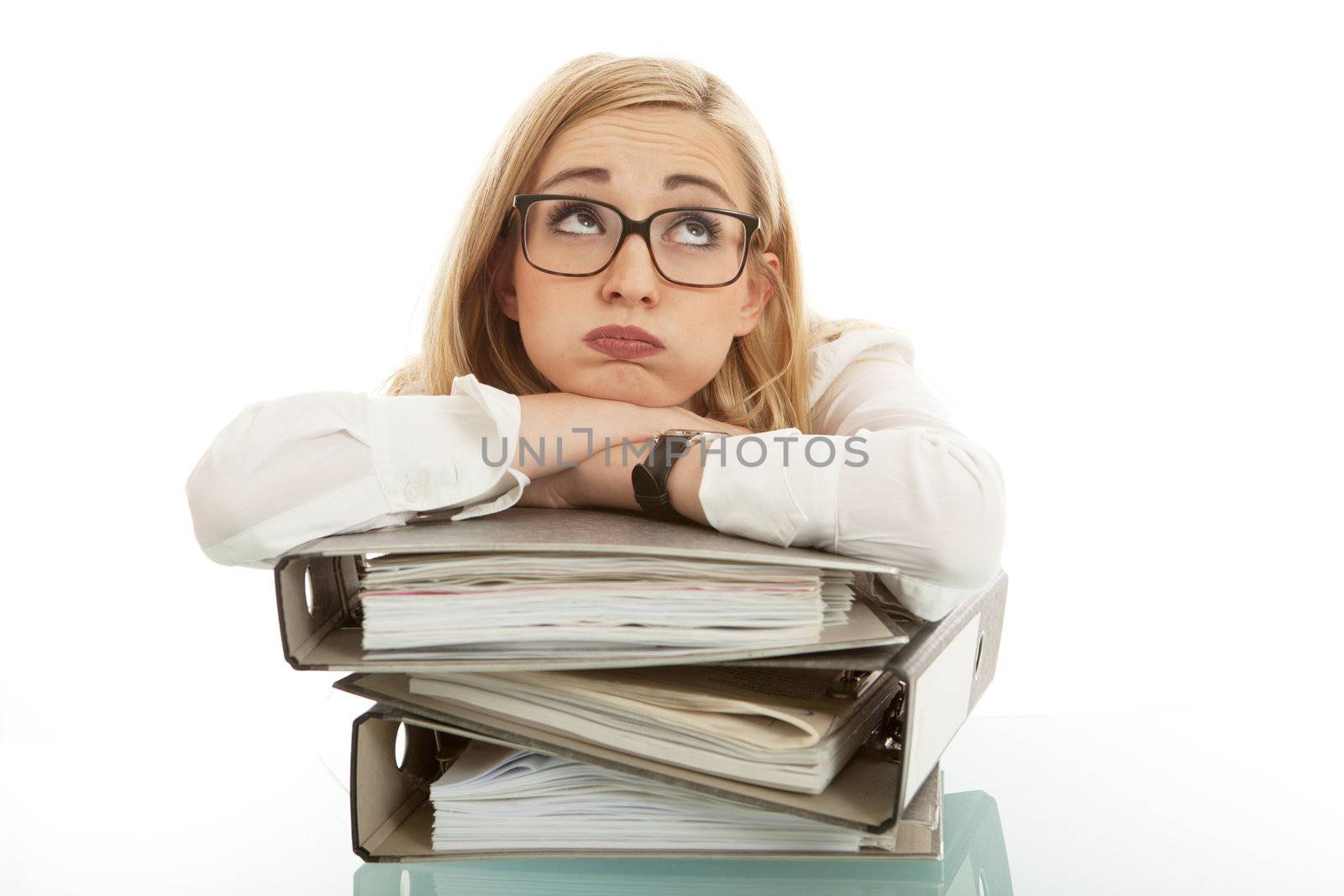 business woman with folder on desk workin isolated on white background by juniart