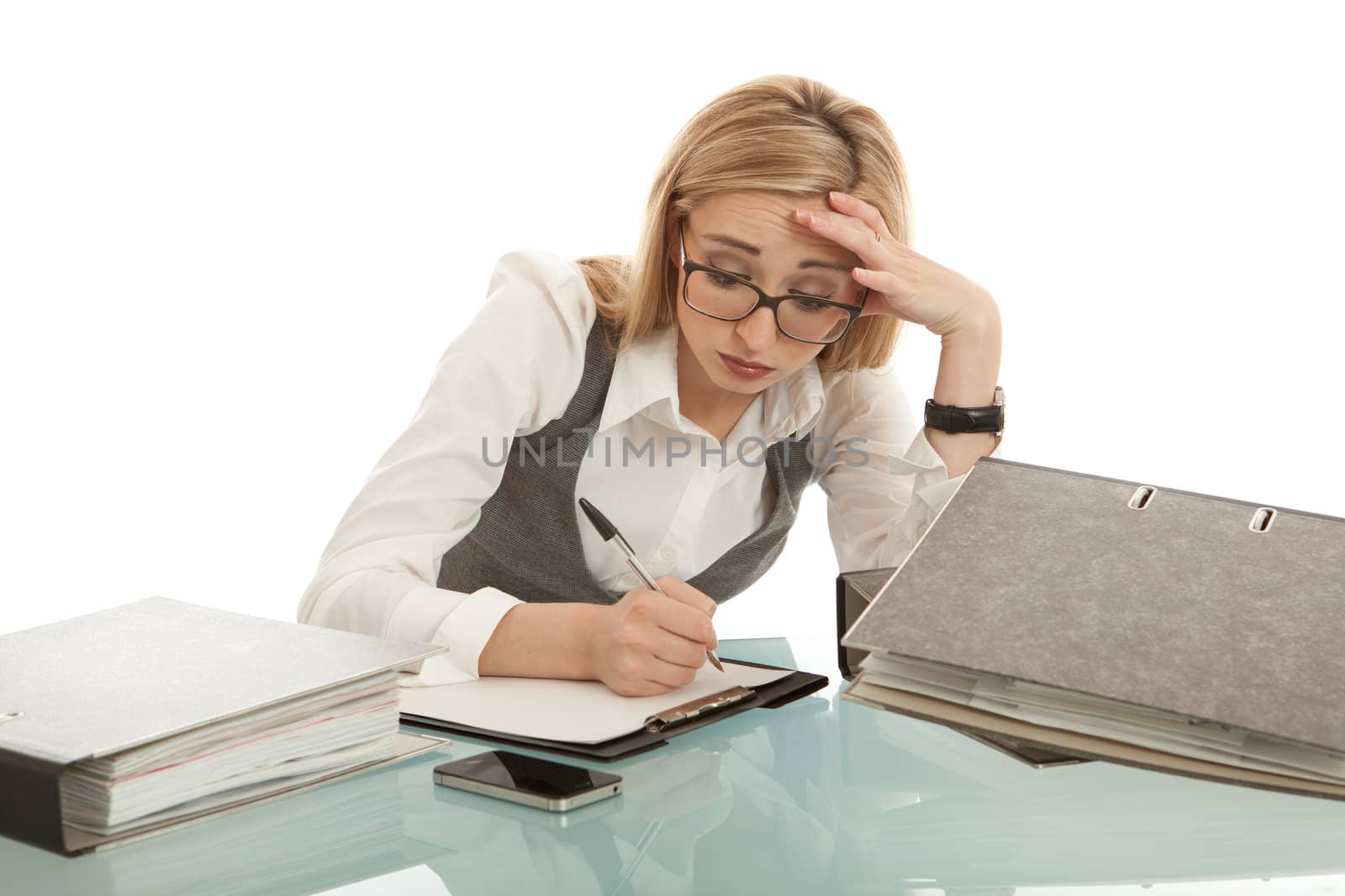 business woman with folder on desk workin isolated on white background