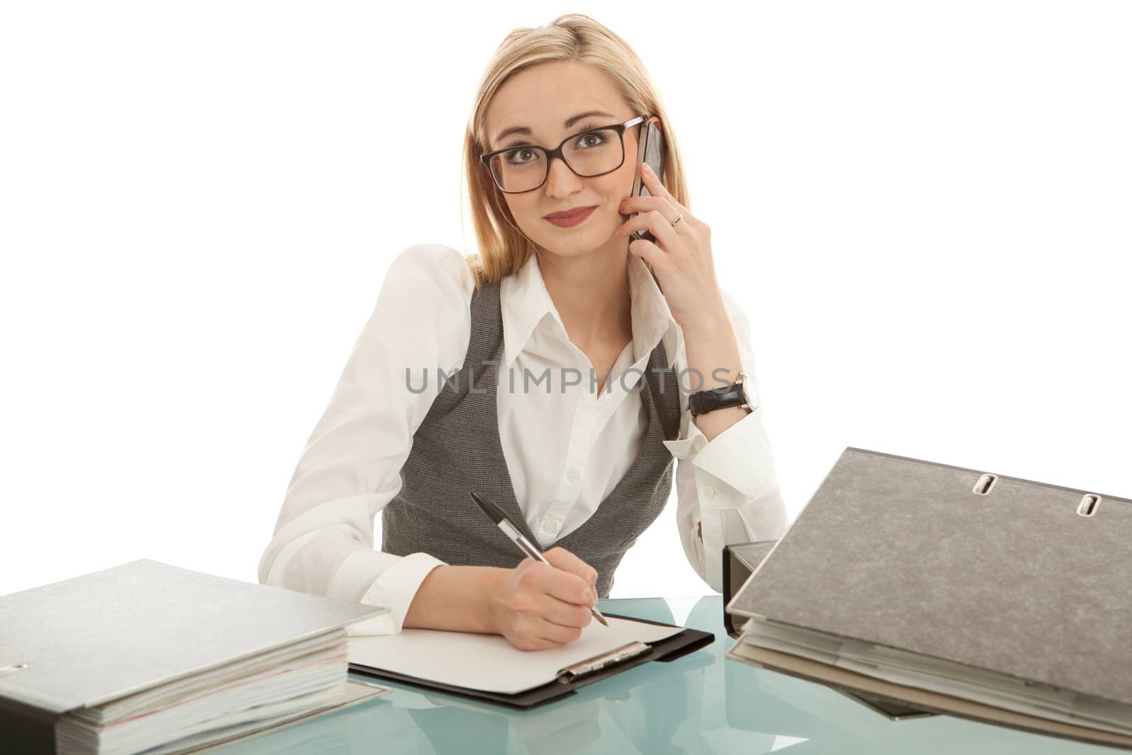 business woman with folder on desk workin isolated on white background