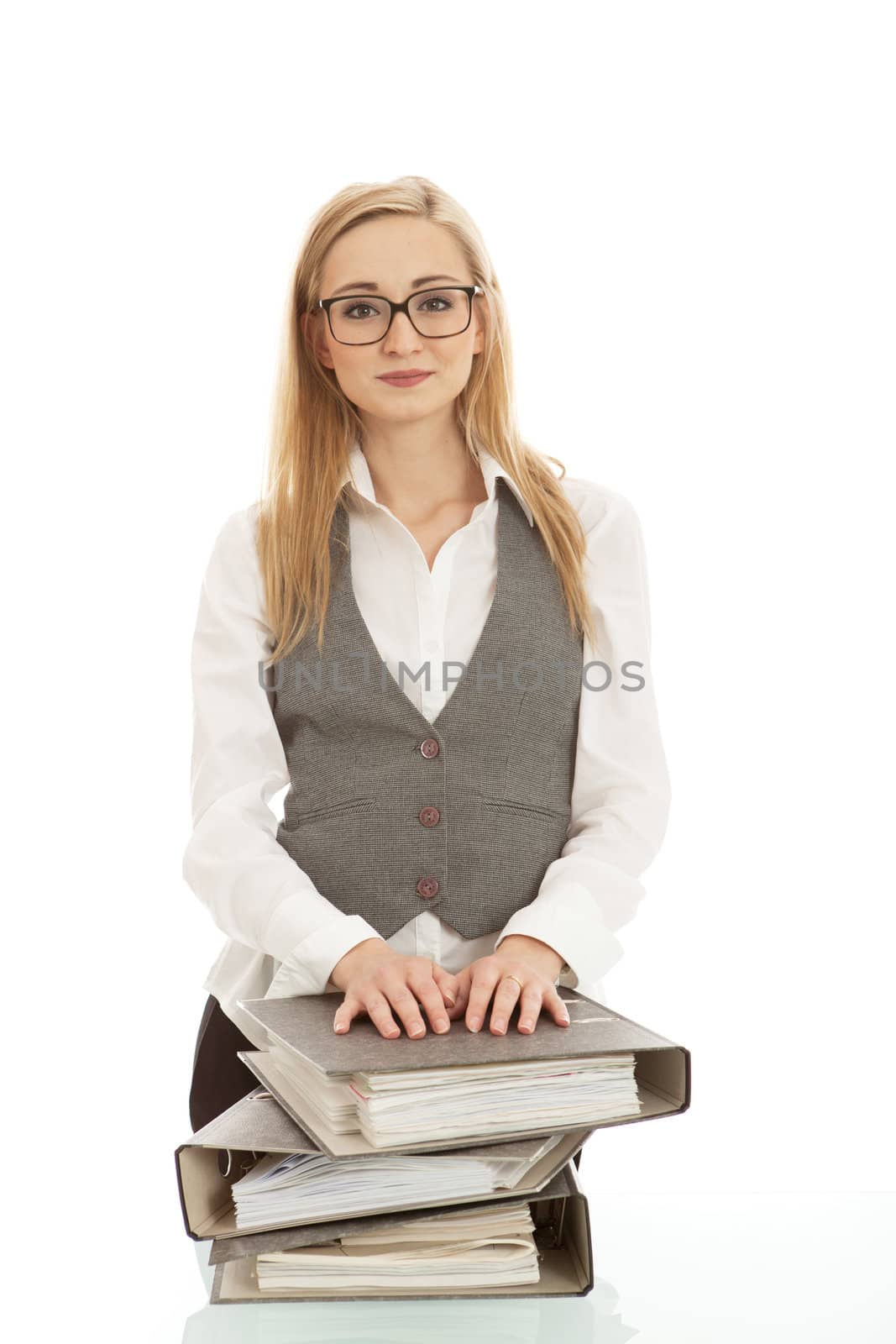 business woman with folder on desk workin isolated on white background