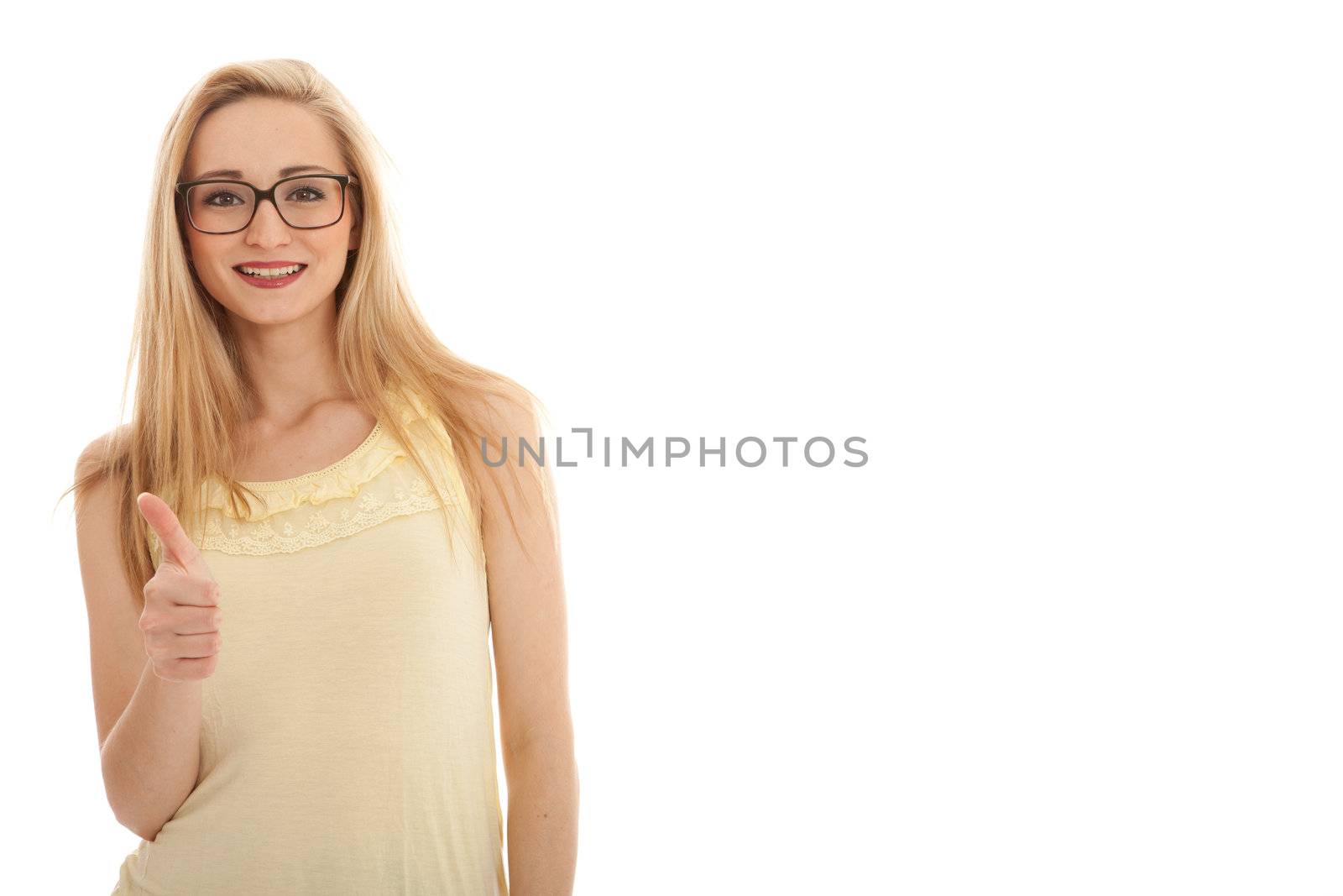 young beautiful blonde woman emotion isolated on white background by juniart