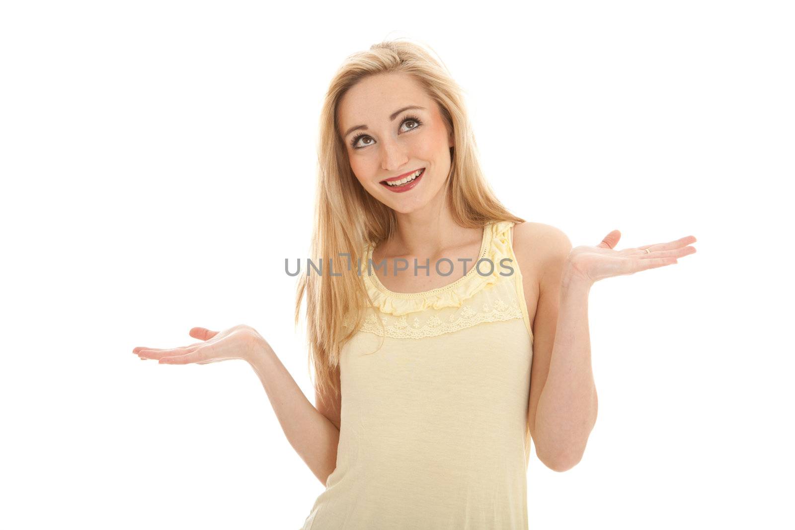 young beautiful blonde woman emotion isolated on white background