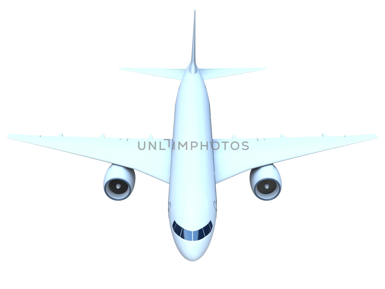 Front view of a flying passenger jet isolated on white background