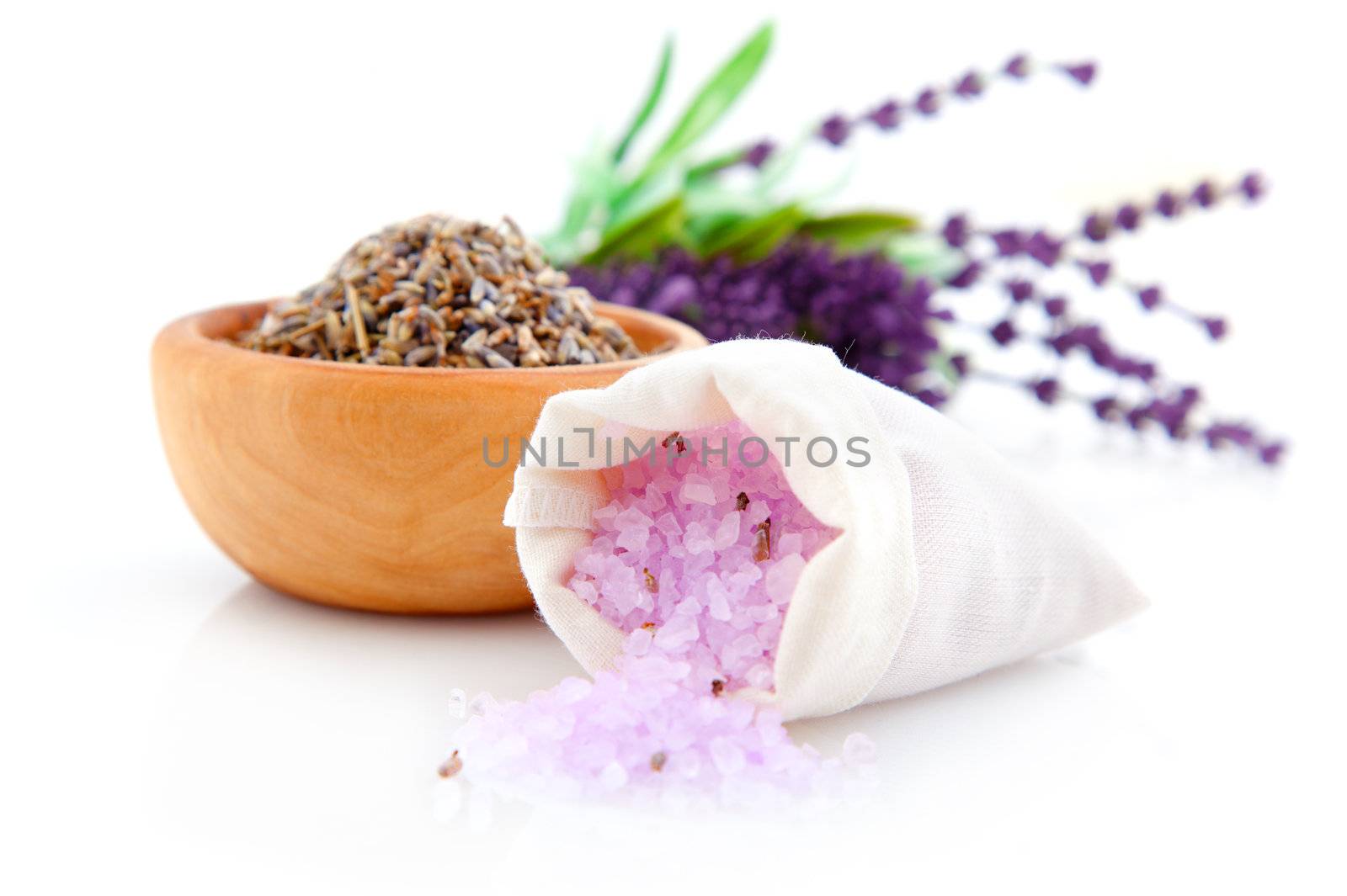 dry Lavender herbs and bath salt  isolated on white background by motorolka