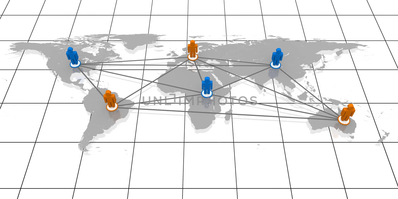 Concept of global network with coloured figurines on world's continents connected to each other