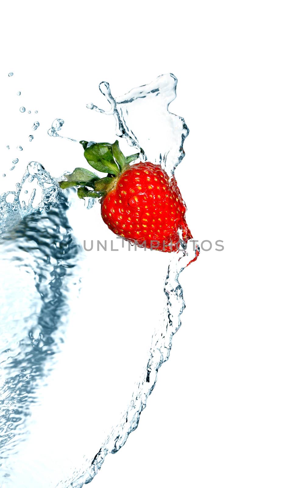 Red strawberry and flowing water on white background. Isolated with clipping path