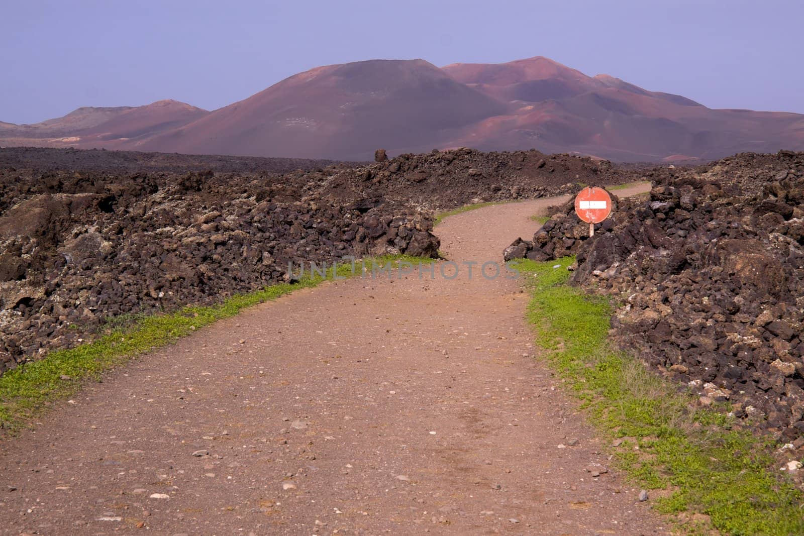 Road to volcanic park Timanfaya on island of Lanzarote, Canary Islands