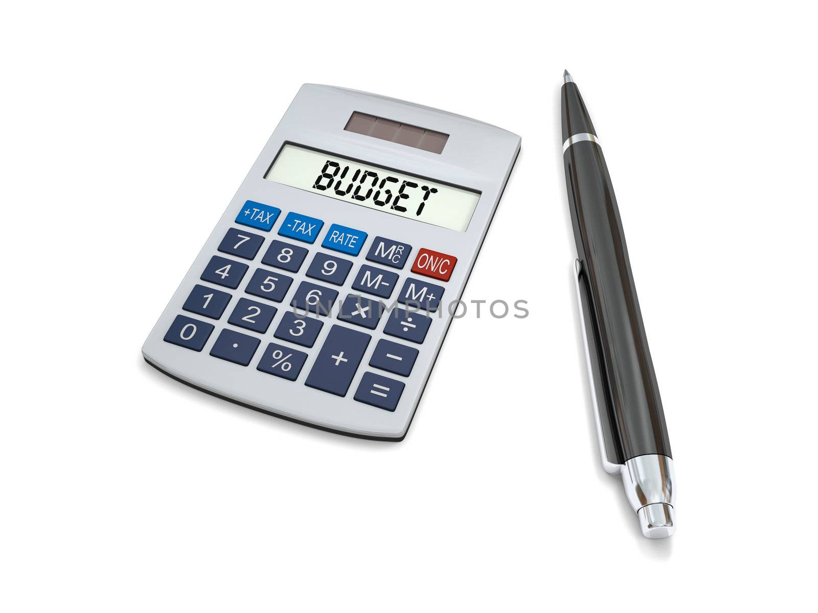 Concept of budgeting with calculator and pen on white background