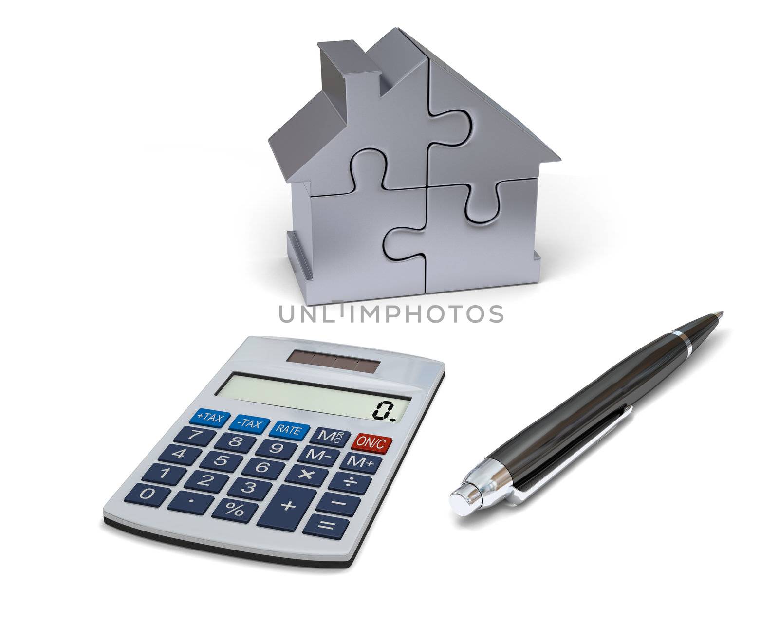 Concept of house financing with calculator, pen and silver model of house made of jigsaw pieces