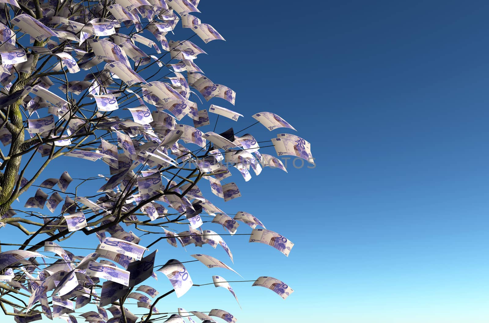 close up of a tree with 20 euro bills instead of the leaves on the left and the blue sky on background