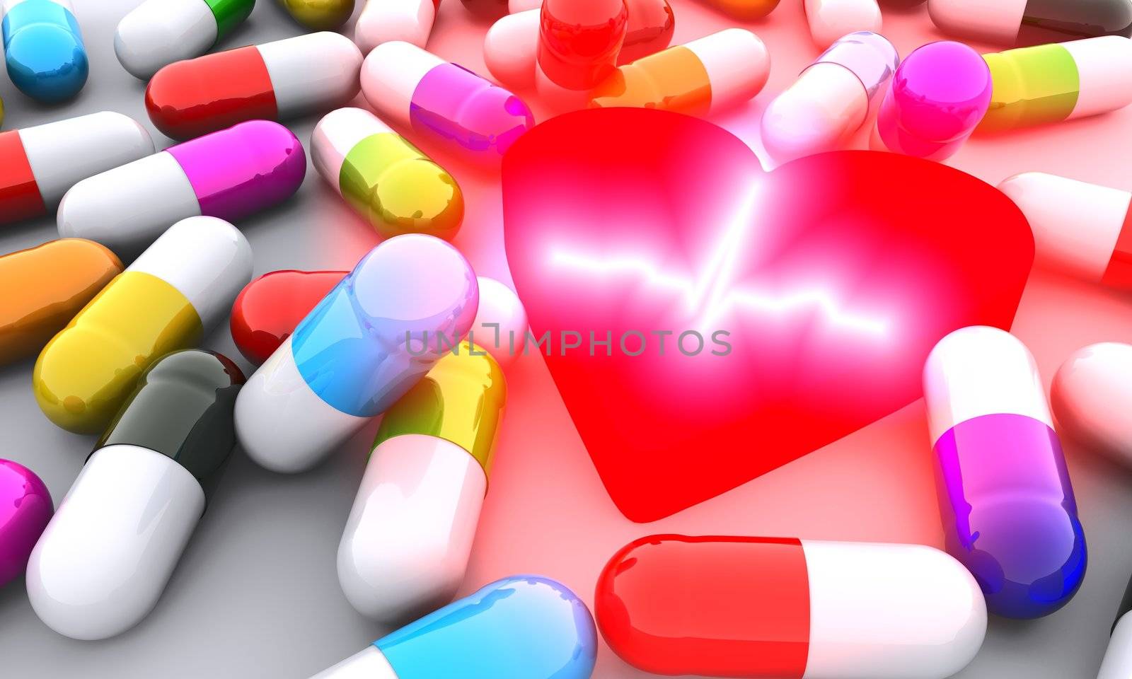 Concept of many colorful pills near symbolic red heart with schematic representation of normal (healthy) electrocardiogram wave intensively glowing with white color. Scene is rendered and isolated on white background.