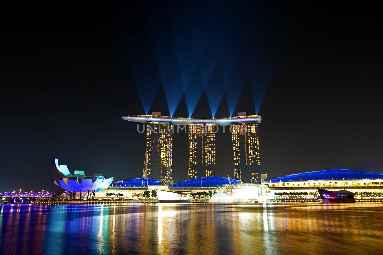 SINGAPORE  - APRIL 25: Wonder Full light show at Marina Bay Sands April 25, 2012, Singapore. Southeast Asia's largest light and water show.