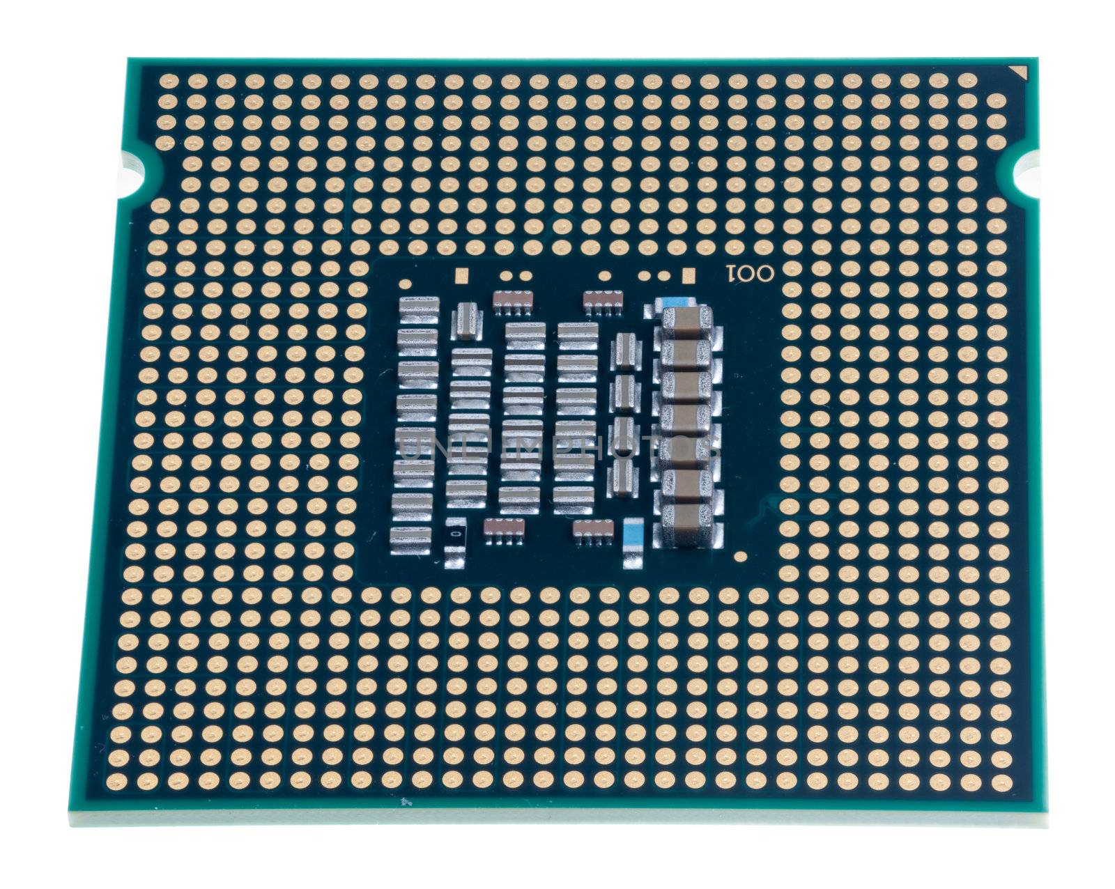 Inside of computer CPU chip isolated against white