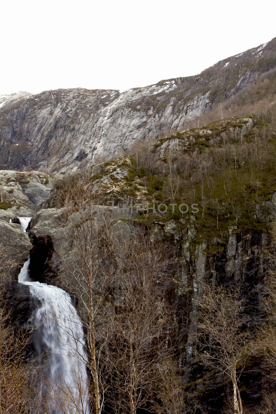 waterfall in mountains of norway with trees
