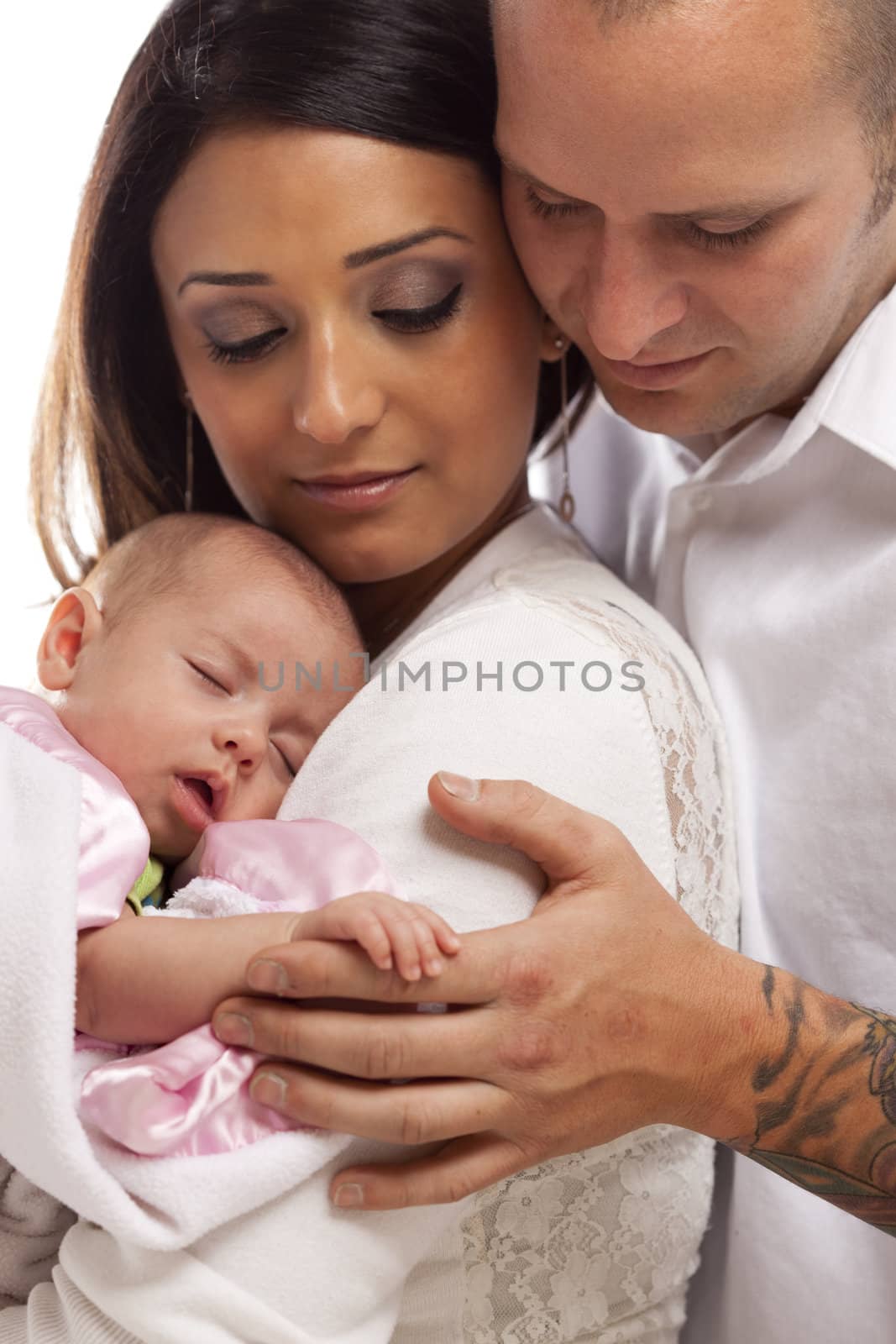 Happy Young Attractive Mixed Race Family with Newborn Baby.