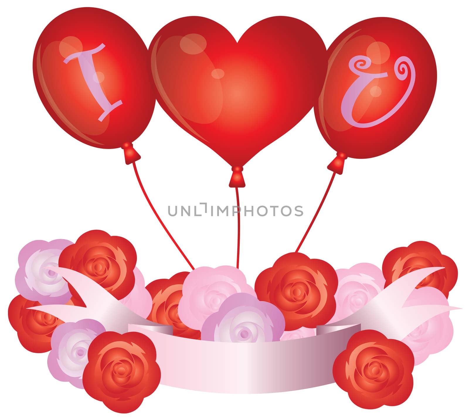 I Love You Heart Balloons with Roses and Banner Illustration