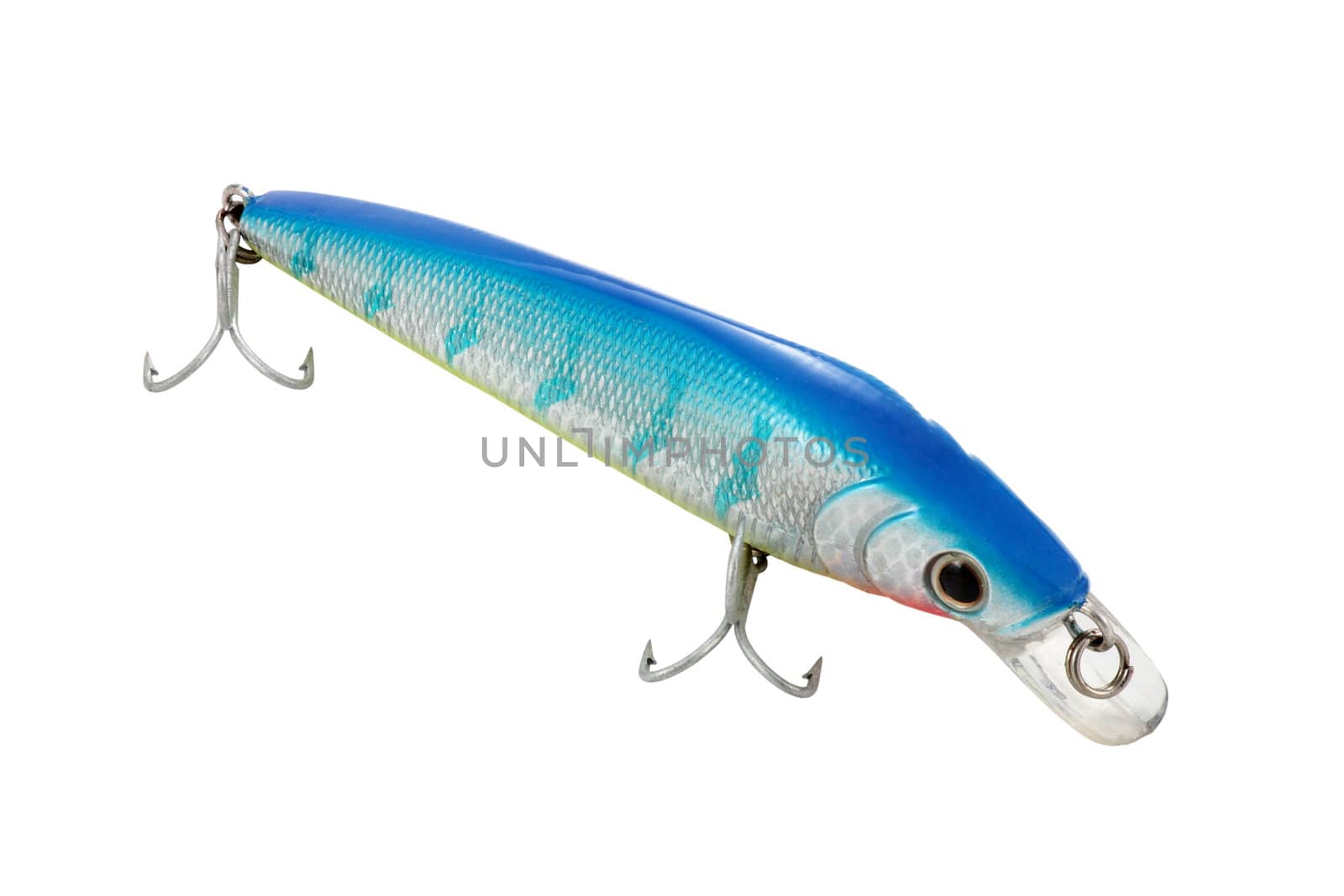 decoy imitation of fish for the fishing of colors blue and red with silver triple hooks cut and isolated
