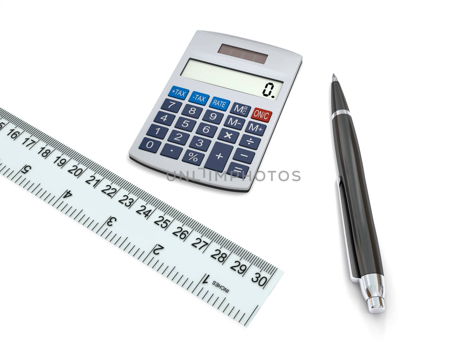 Concept of calculations with calculator, ruler and pen on white background
