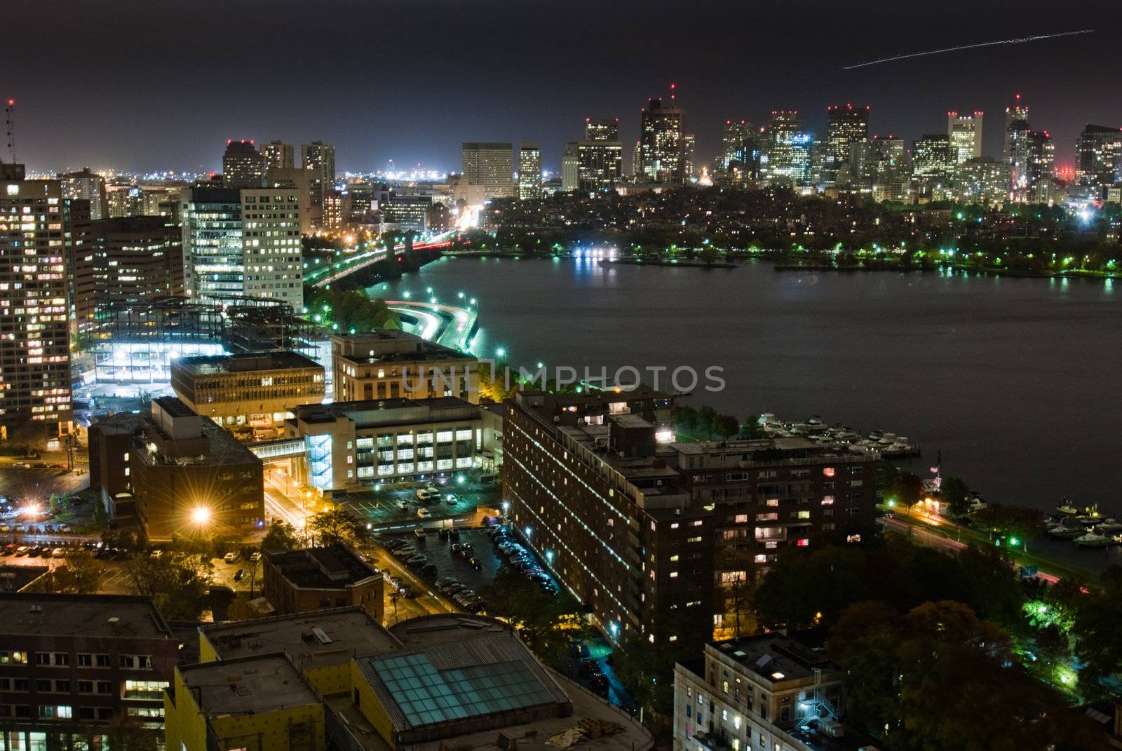 Aerial view of Boston's Back Bay skyline at night