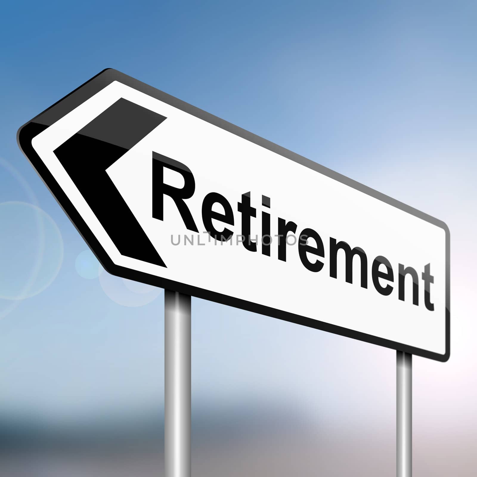 illustration depicting a sign post with directional arrow containing a retirement concept. Blurred background.
