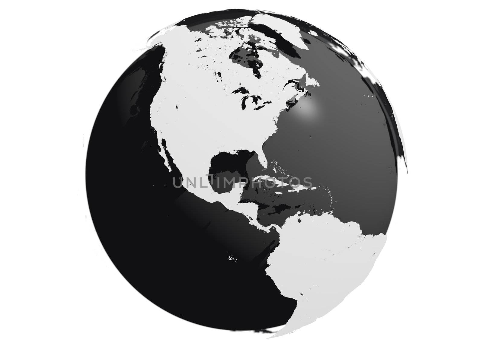 Model of Earth with black core and continents hovering over the sphere. World map provided by visibleearth.nasa.gov