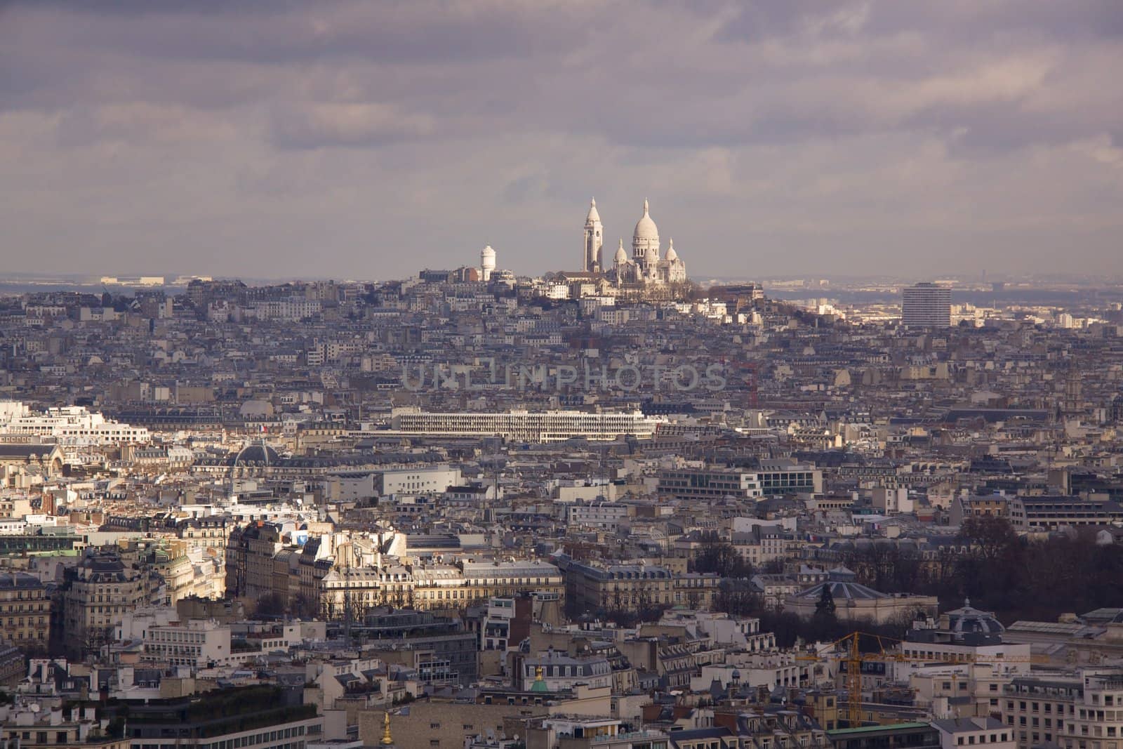 Aerial view of Paris with Sacre Coeur in the background