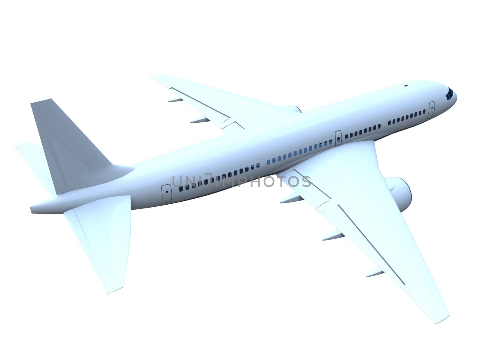 3D model of flying passenger aircraft isolated on white background