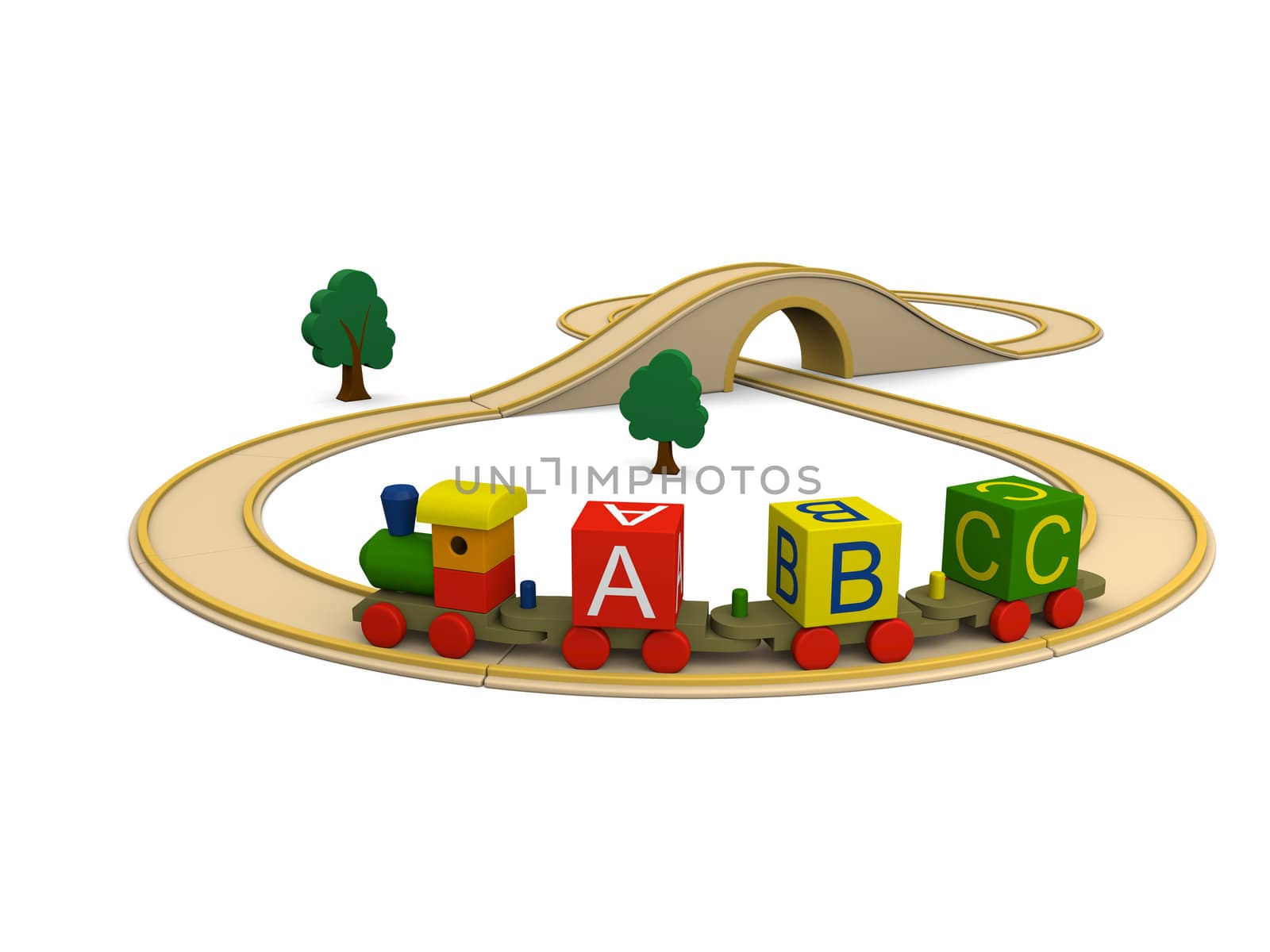 3D illustration of colorful wooden toy train carrying alphabet letters