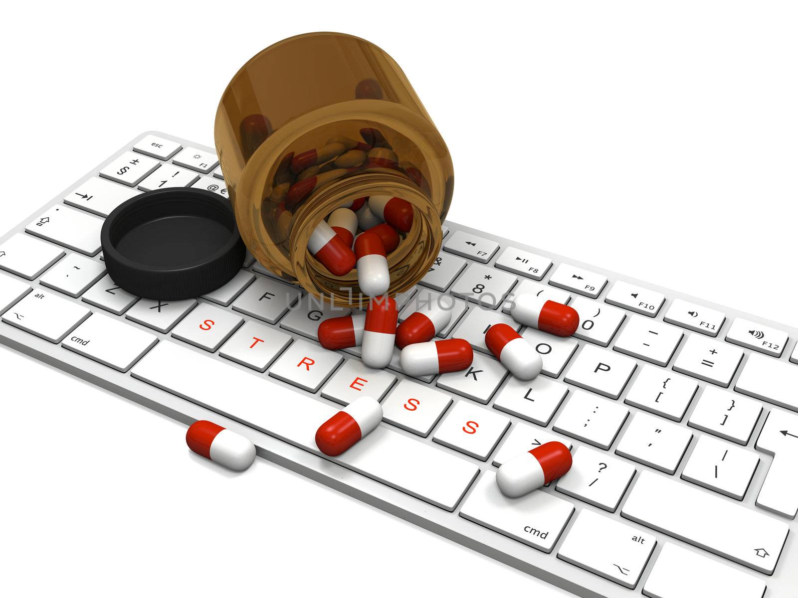 Stress relief pills in opened pill bottle on computer keyboard with word "stress" on keyboard keys