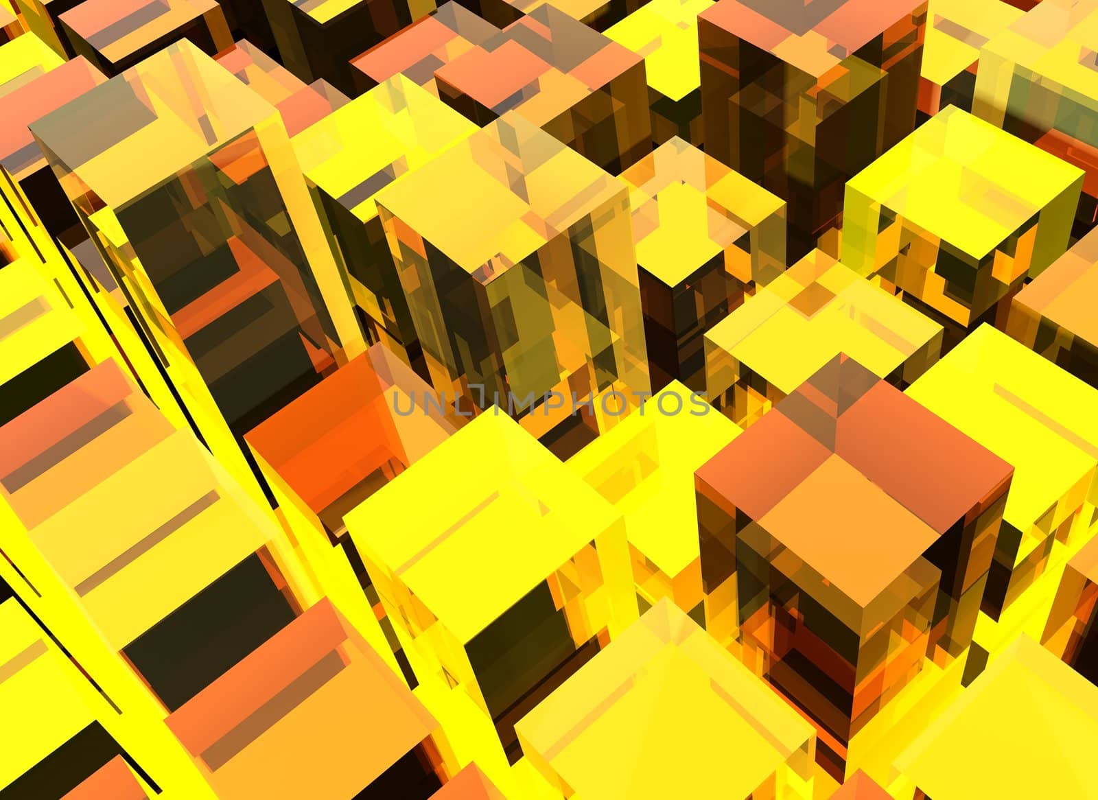 Conceptual abstract background consisting of cubes fulfilling whole area of view. Concept is rendered with slight reflections. Cubes are portrayed in various sizes and mostly in yellow to orange color blending with slight  reflections.