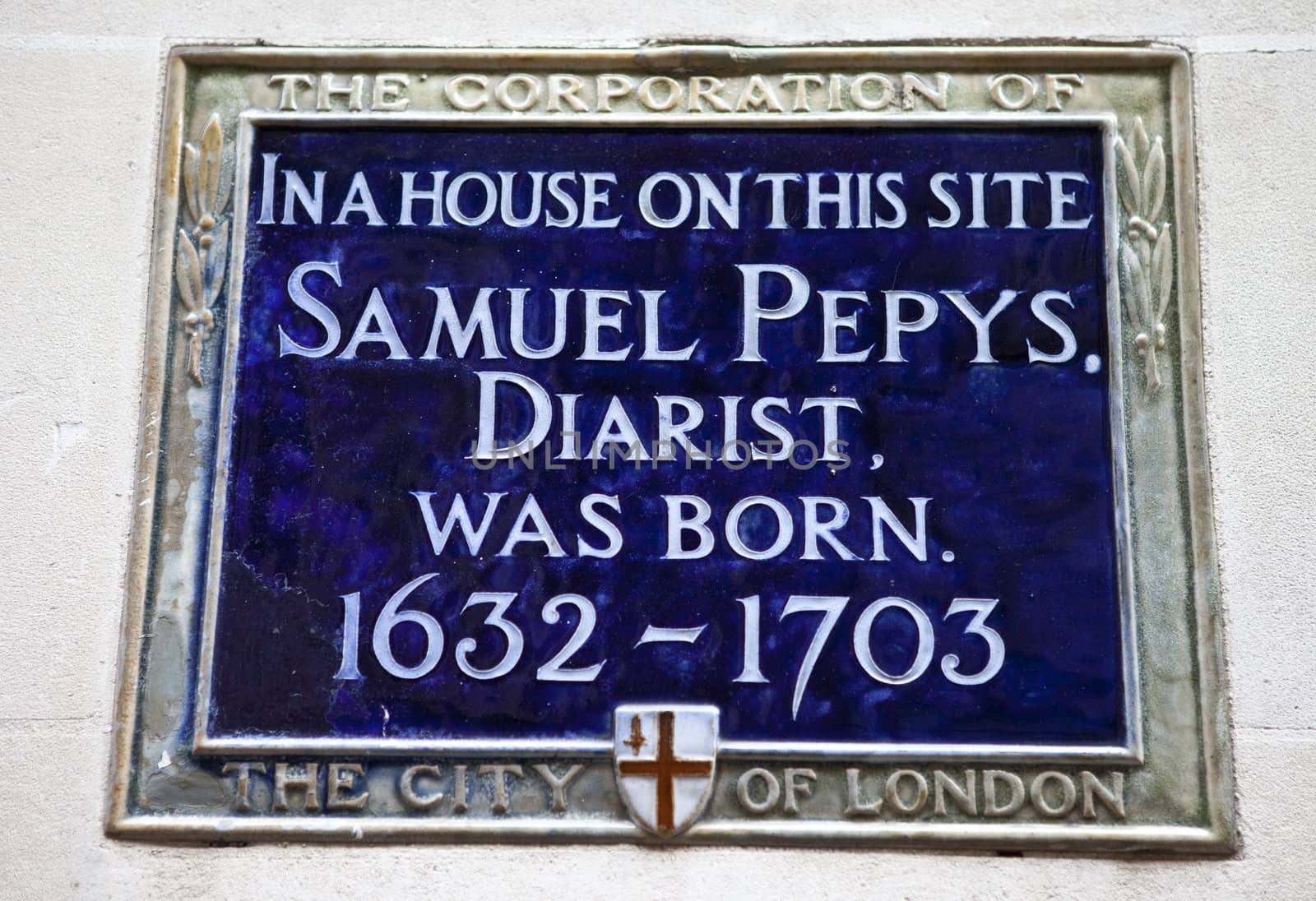 Blue plaque marking the site of where Samuel Pepys was born in London.