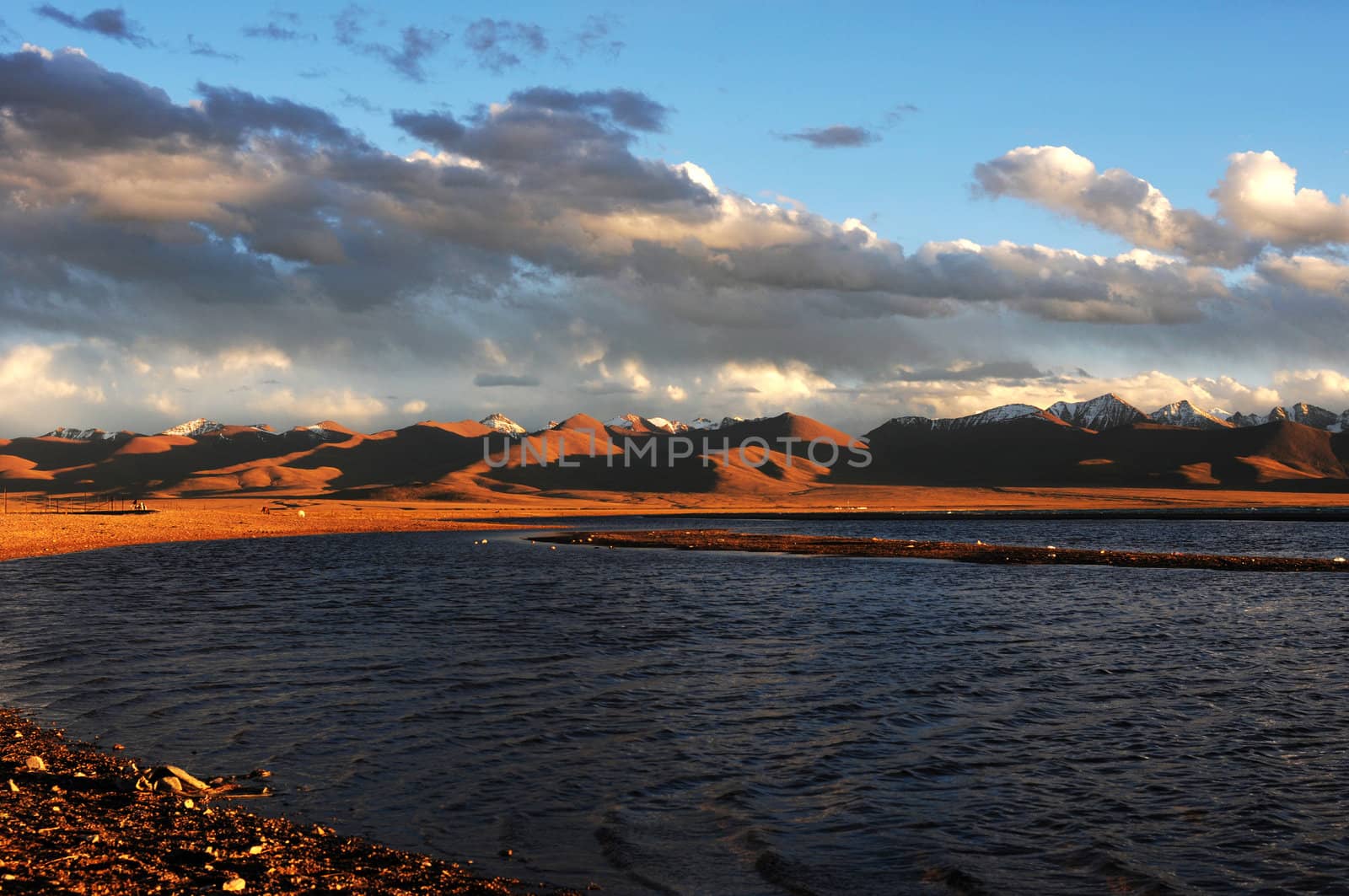 Landscape at lakeside in the highlands of Tibet at sunset