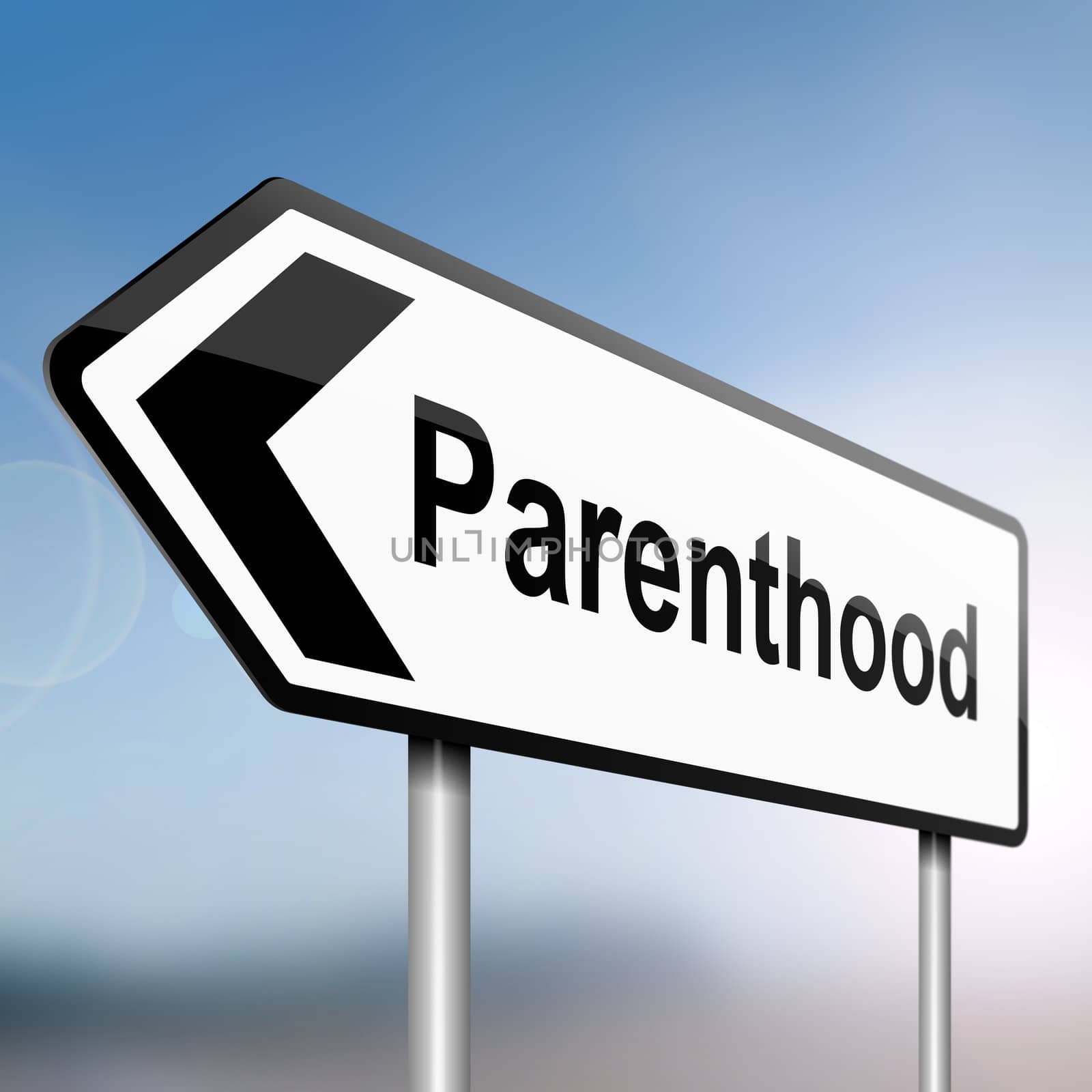 illustration depicting a sign post with directional arrow containing a parenthood concept. Blurred background.