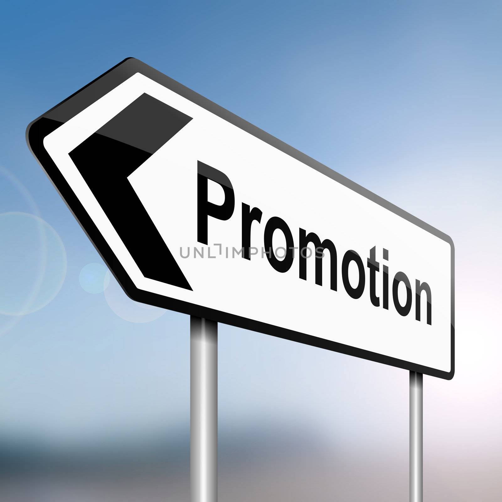 illustration depicting a sign post with directional arrow containing a job promotion concept. Blurred background.