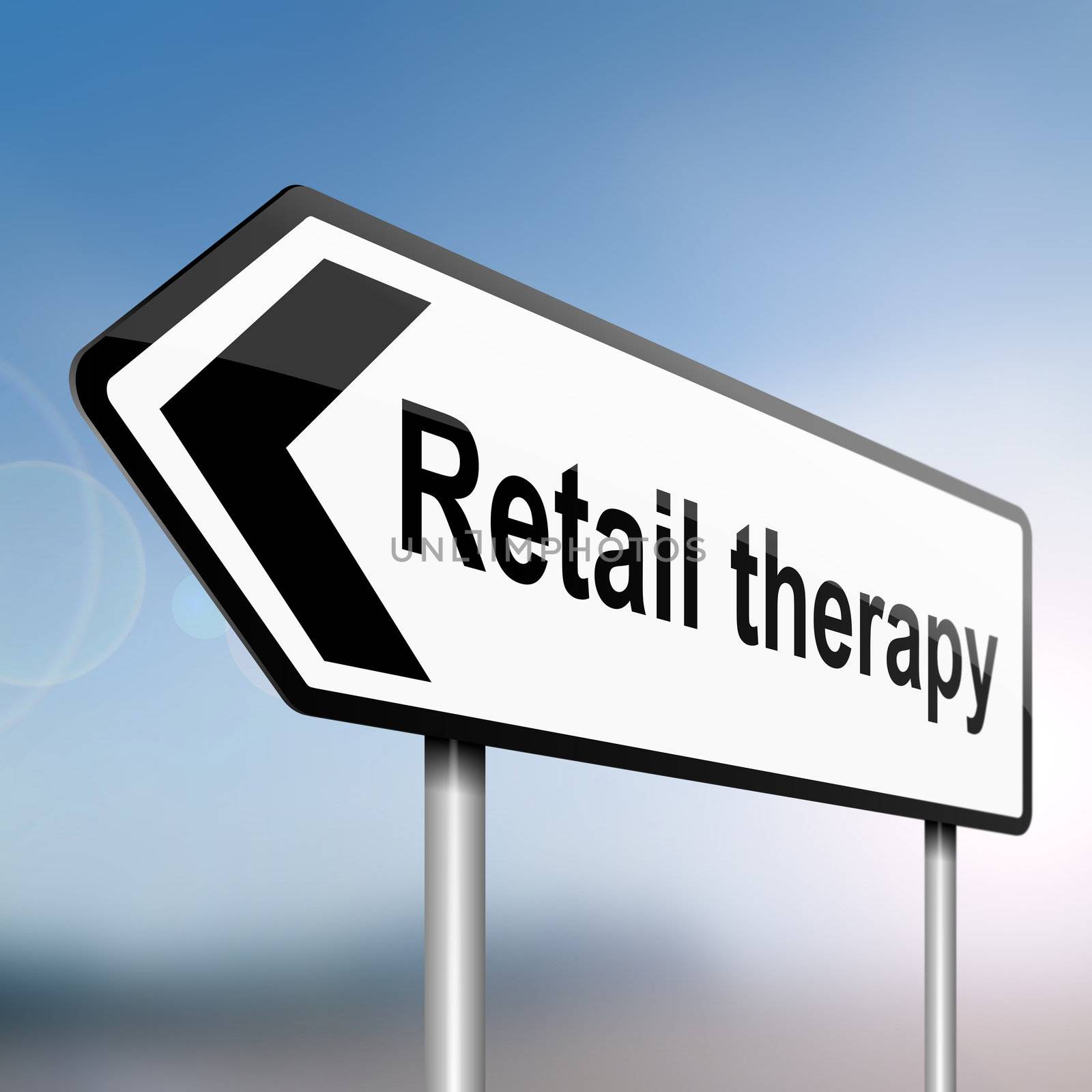 illustration depicting a sign post with directional arrow containing a retail therapy concept. Blurred background.