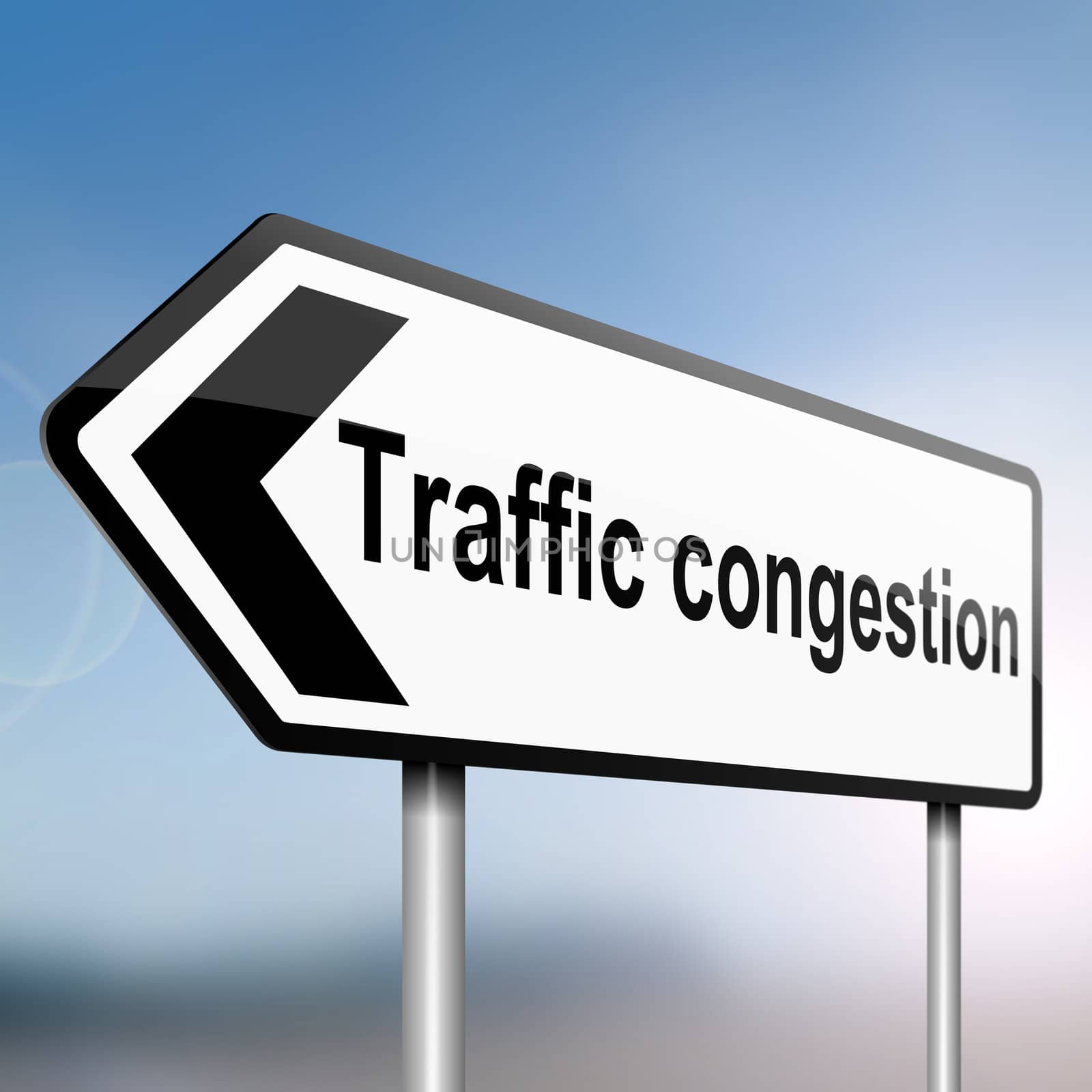 illustration depicting a sign post with directional arrow containing a traffic congestion concept. Blurred background.